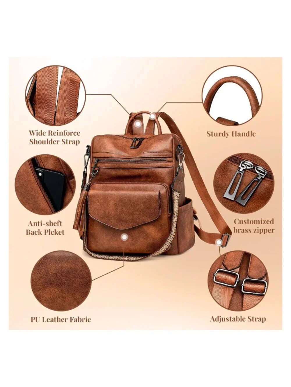PU Leather Backpack Purse Convertible Shoulder Bag Anti-Theft Faux Leather
